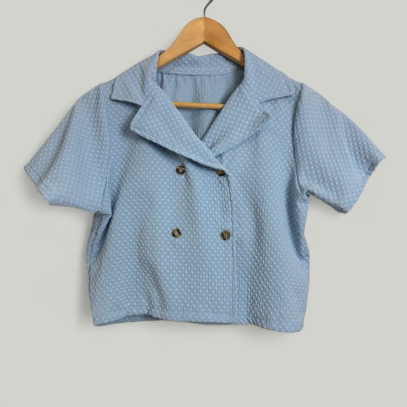 Top and Shorts Set Women Size Medium Blue Short Sleeves Cropped High Waisted - Picture 6 of 10